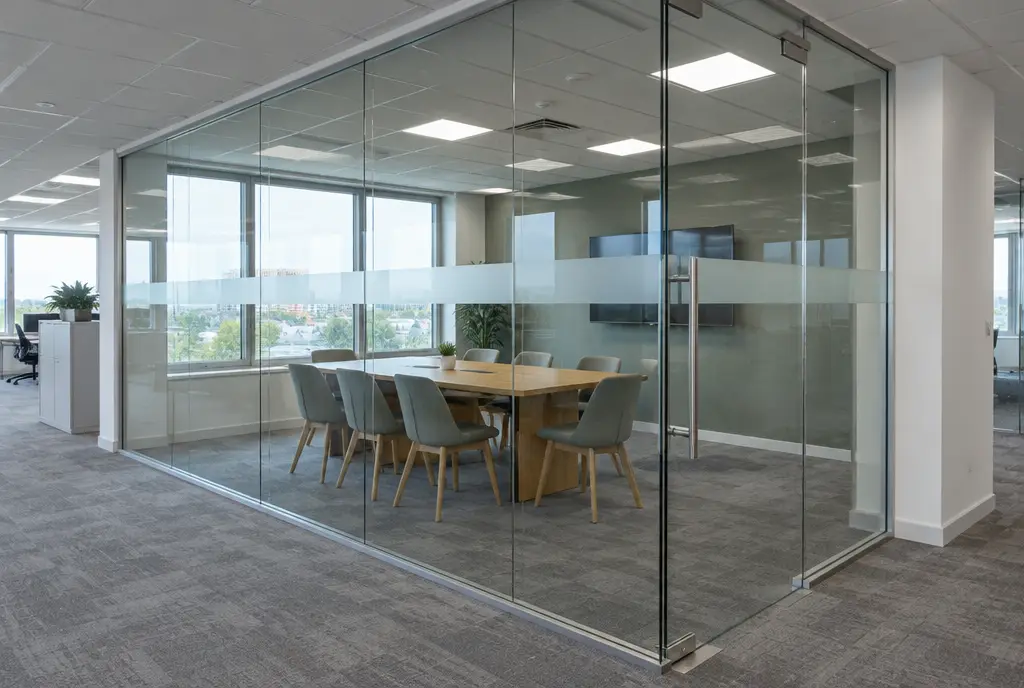 Frameless single-glazed glass meeting room with a frameless glass door and frosted manifestation band