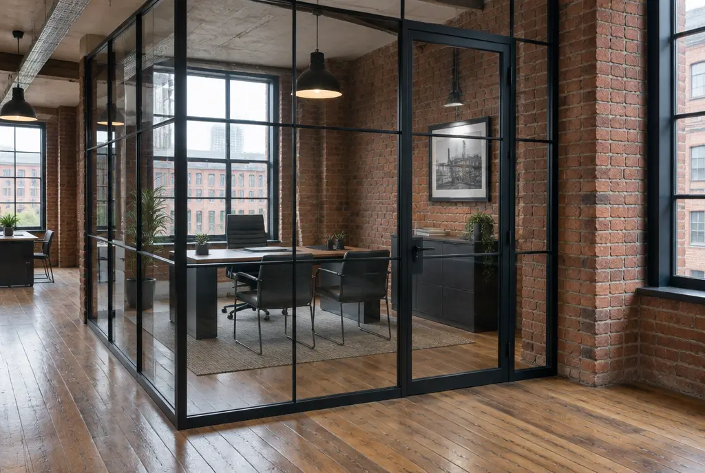 Black Crittall-style glazed partition screens forming an office in a converted brick mill