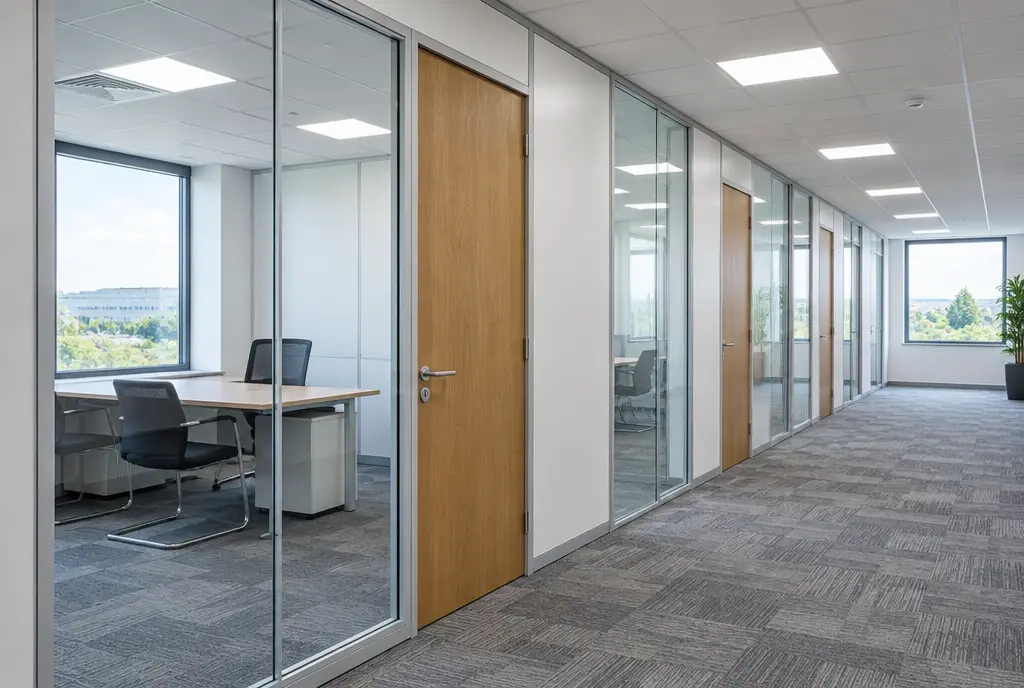 Demountable partitioning with solid and glazed panels forming cellular offices along a corridor