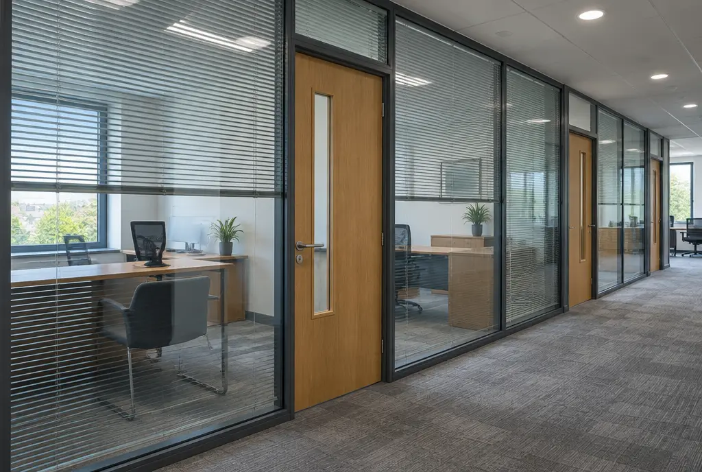Anthracite double-glazed office partitions with integral blinds between the panes
