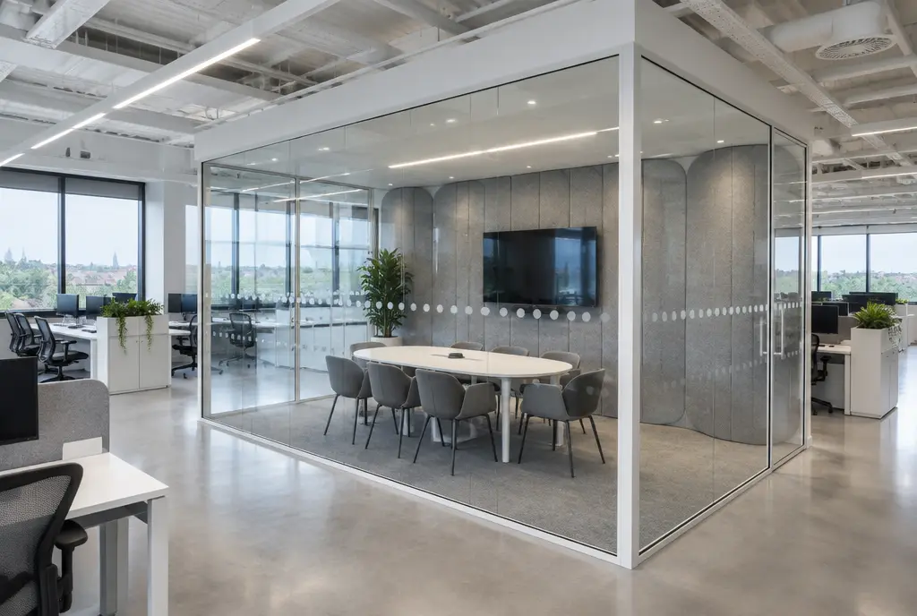Four-sided glass meeting room pod with acoustic felt panels in an open-plan office