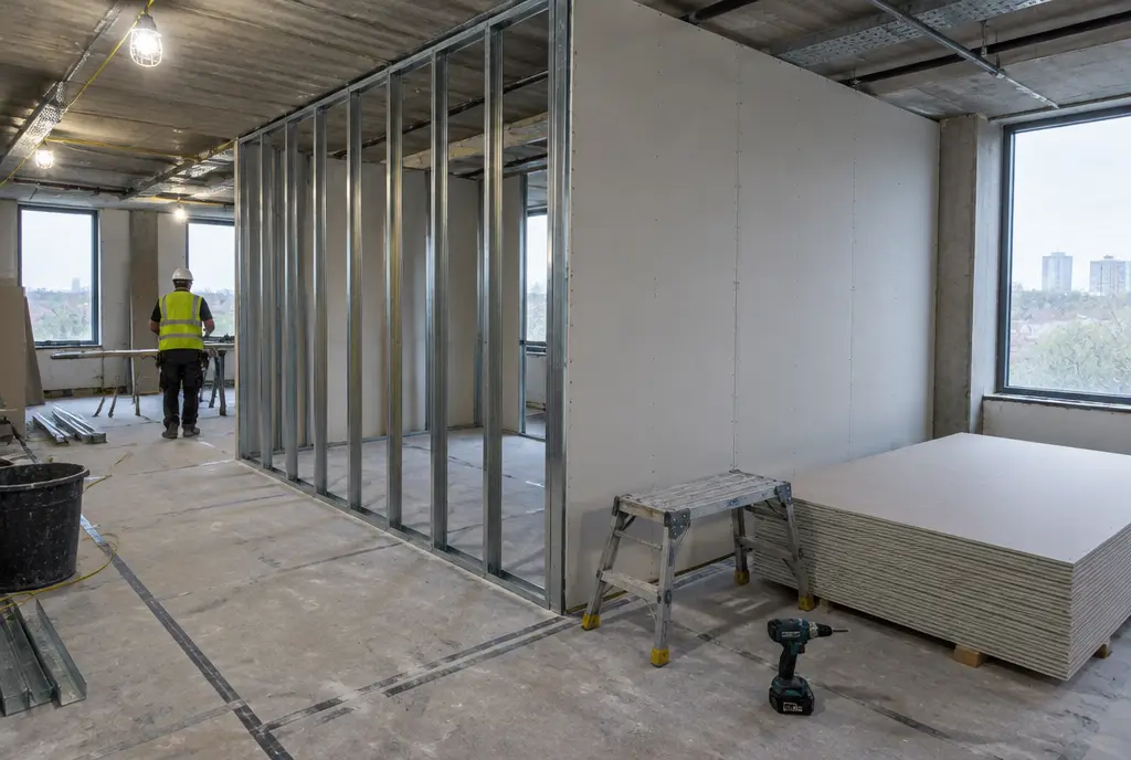 Metal stud partition framework being boarded with plasterboard during an office fit-out